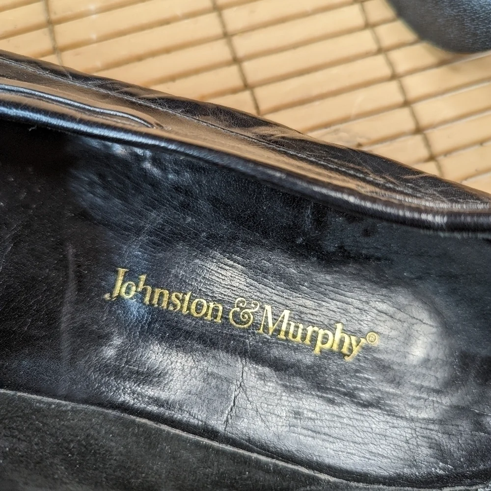 Johnston & Murphy Black Leather Woven Vamp Tassel Loafers Sz 11N Made In Italy